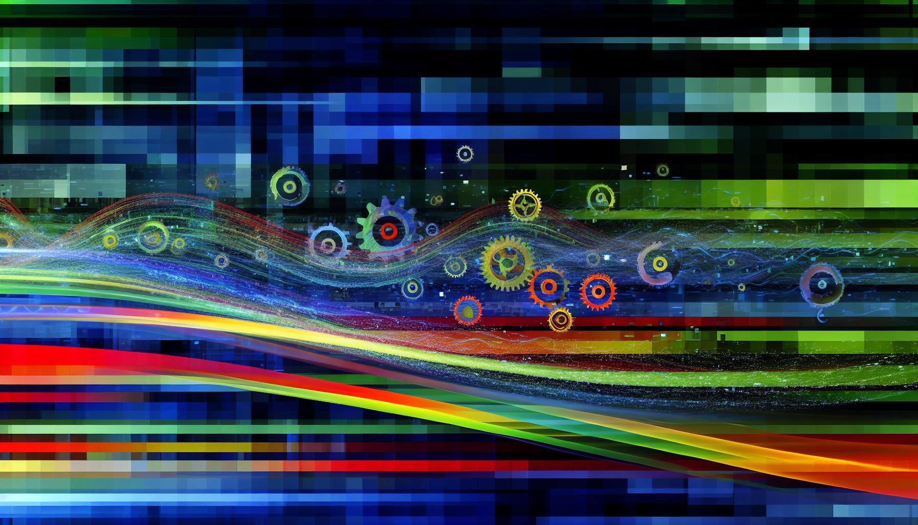 A colorful and dynamic image of a futuristic digital landscape with various technological elements like gears, circuits, and data streams interconnect