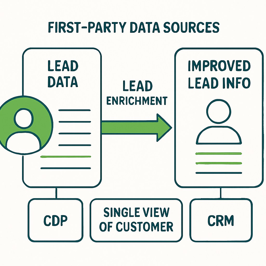 Infographic image showing lead data getting enriched from first party data sources like CDP Single view of customer CRM etc improving lead info quality Use brand colours