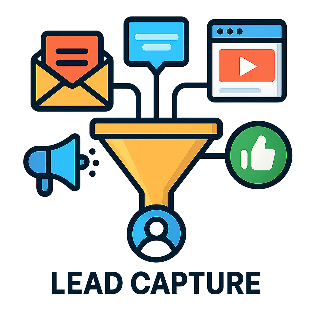 infographic or icon showing lead capture from various sources with a transparent use general purpose icon style image in 120x120 pixel dimensions Make it colourful use images instead of icons-1