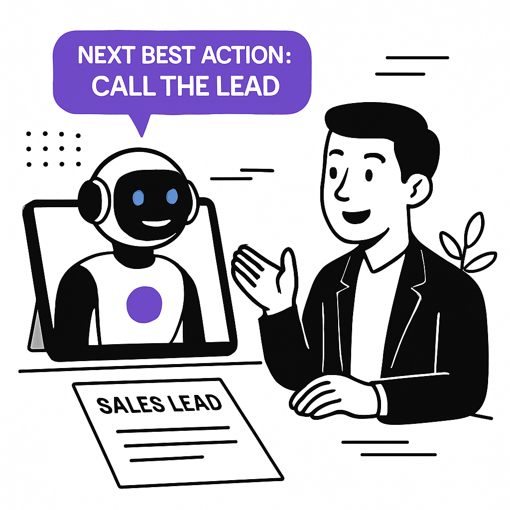 Use black and white theme with brand colours as accent colours showing AI recommending next best action on a sales lead to a sales agent as its coach or assistant Use callouts as way of suggestion recommendation on a device screen-3