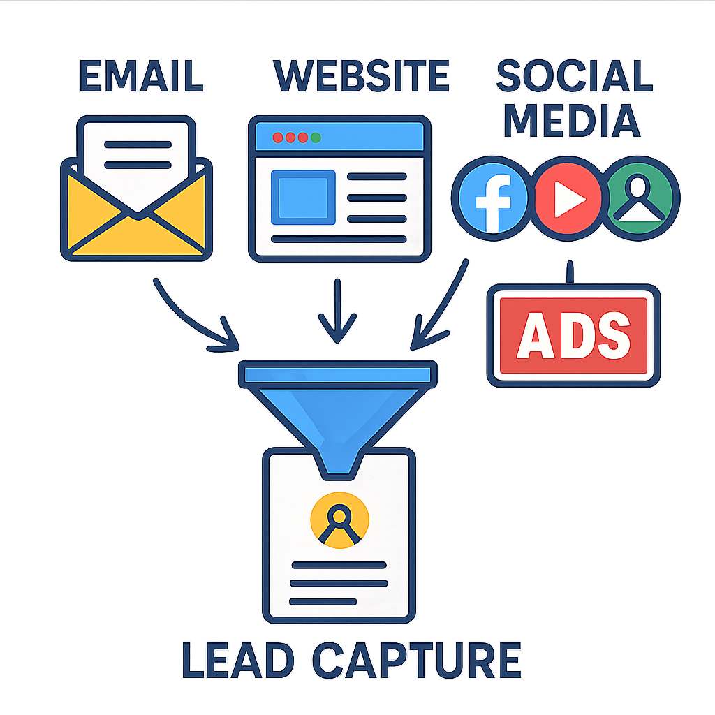 infographic or icon showing lead capture from various sources with a transparent use general purpose icon style image in 120x120 pixel dimensions Make it colourful use images instead of icons